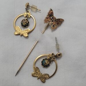 Vintage Gold Leaf Butterfly Dragonflies Earring And Hat Pin Set Bundle Lot